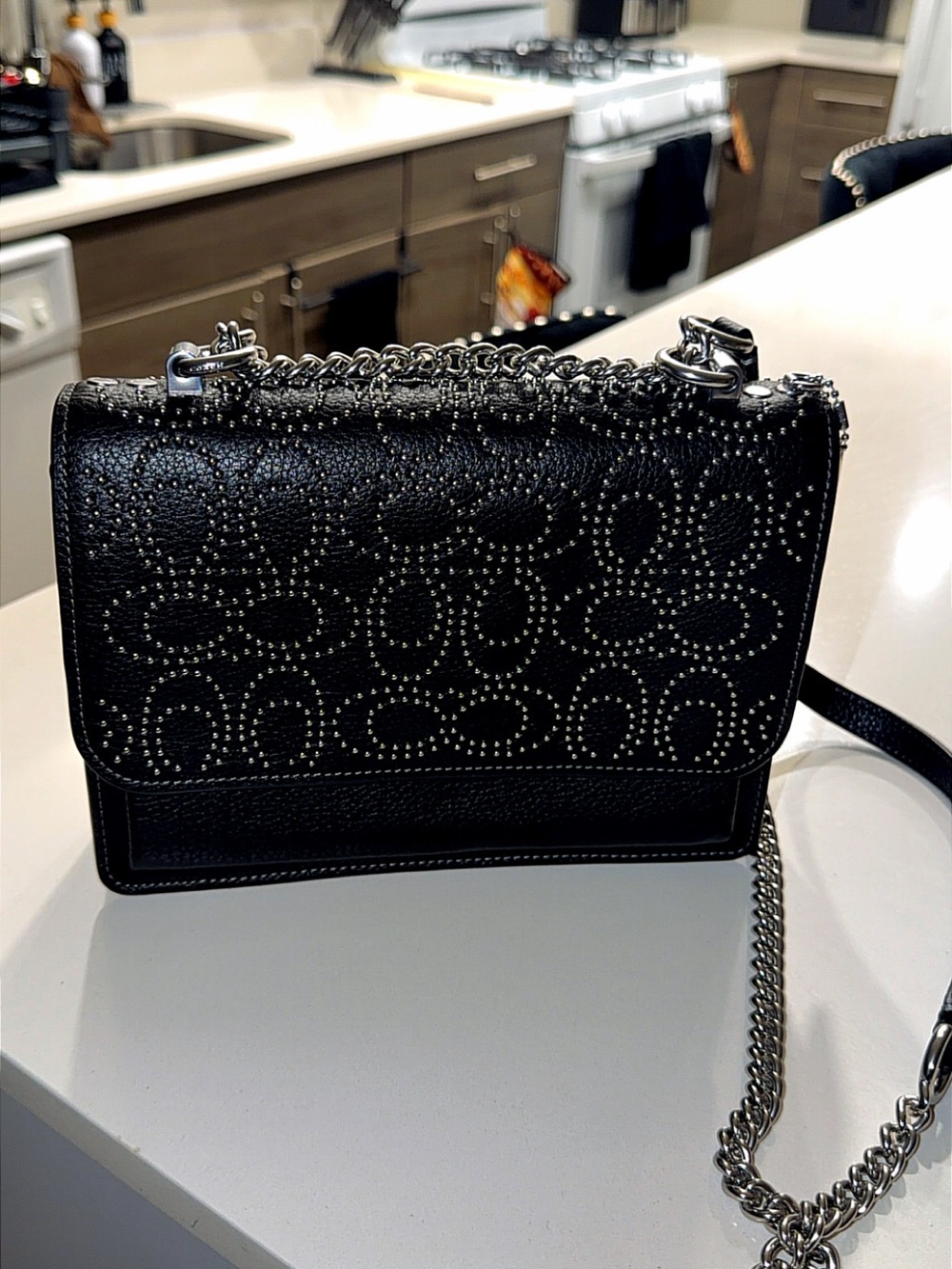 Coach Klare Black Leather Stud-Accent Chain Crossbody